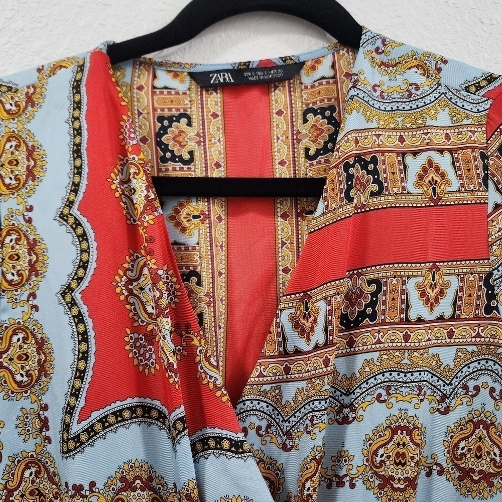 ZARA Boho Patchwork Wrap Midi Dress Red Blue Print Belted Pleated V-Neck - Picture 4 of 15